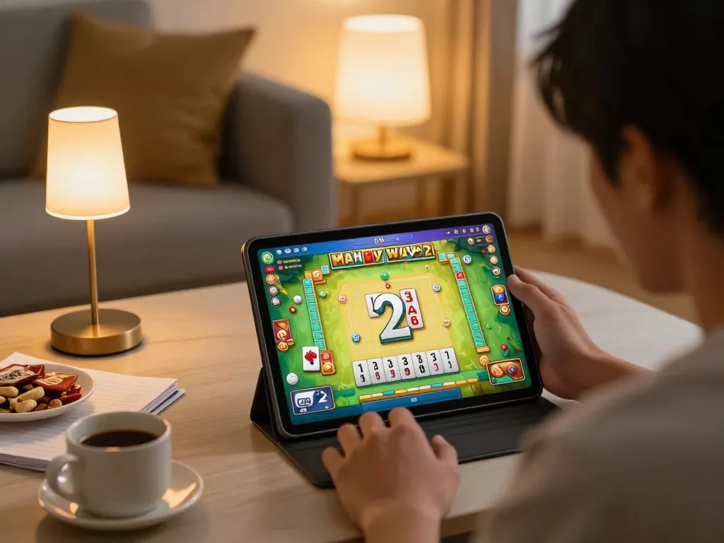 Player enjoying Mahjong Ways 2 slot game on tablet amid cozy home setup, showcasing engaging online gaming experience