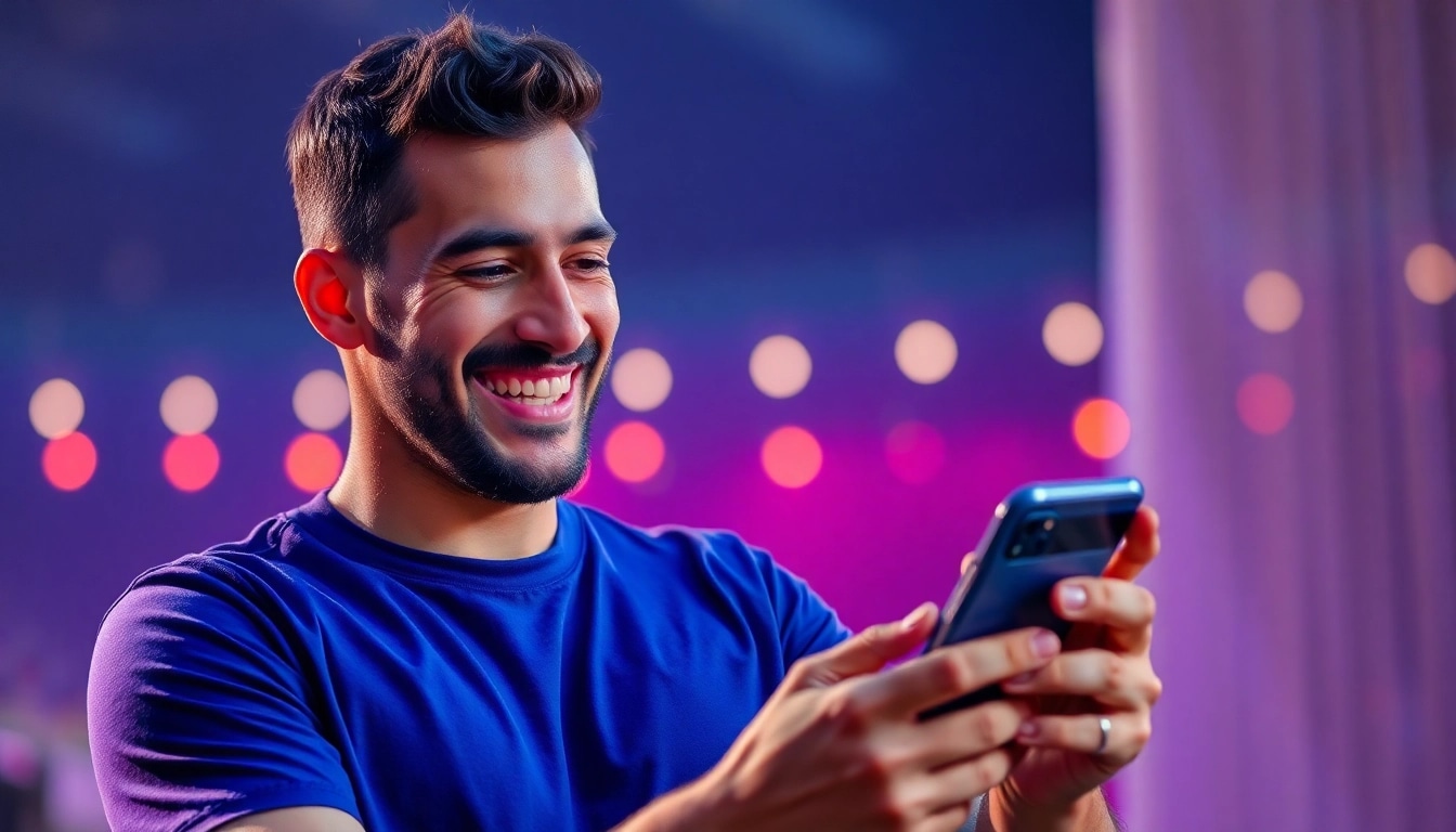 O jogador utilizando a casa de apostas Bet da Sorte no smartphone em um ambiente vibrante.