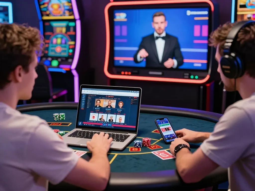 Engaging online baccarat site experience featuring a user at a gaming table with a vibrant atmosphere