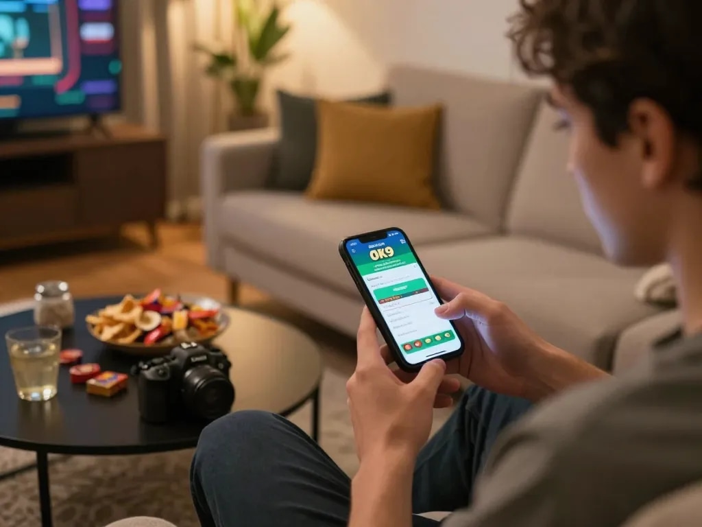 Person playing on OK9 casino app on mobile phone in cozy home setting with snacks.