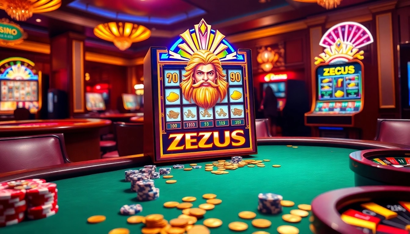 Experience the thrills of Zeus slot amidst a luxurious casino setting with vibrant lights and joyful players.