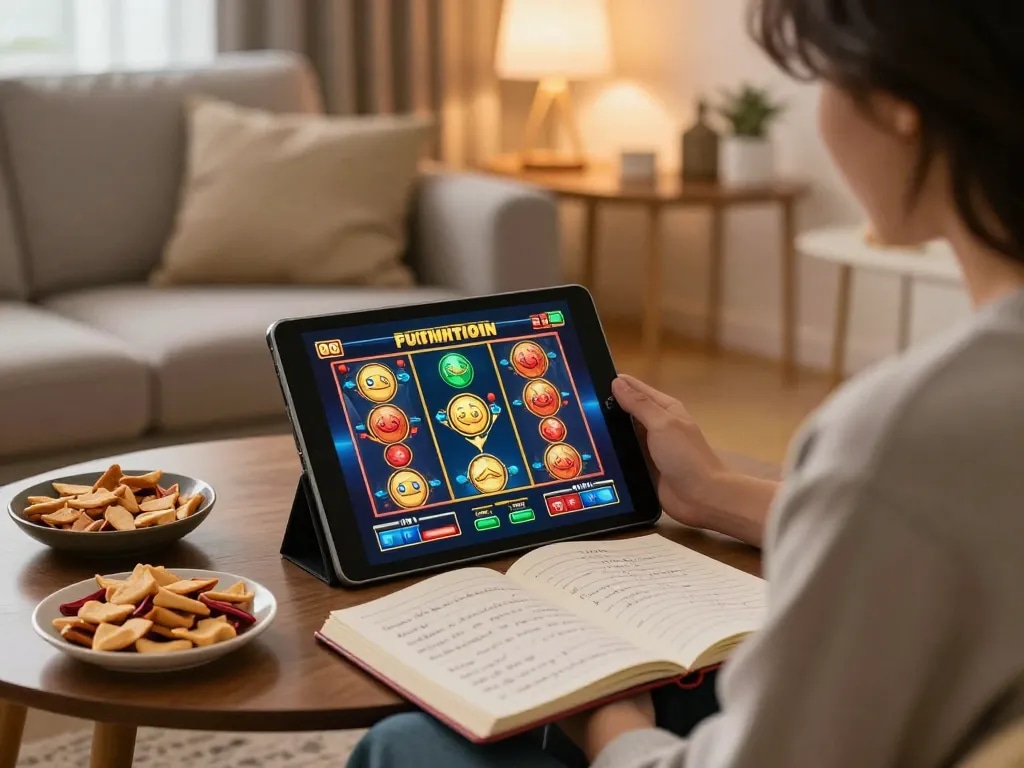 Player enjoying สล็อต on tablet in cozy living room, illustrating modern online gaming lifestyle.