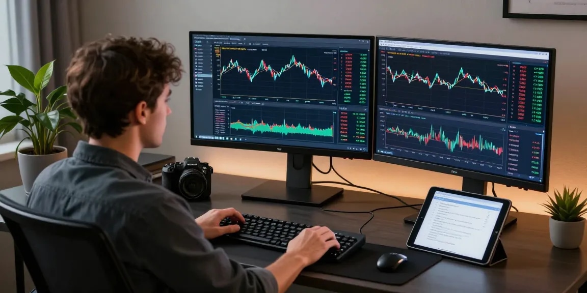 Trader using MetaTrader 5 in a modern workspace, analyzing multi-asset trading data on multiple screens.