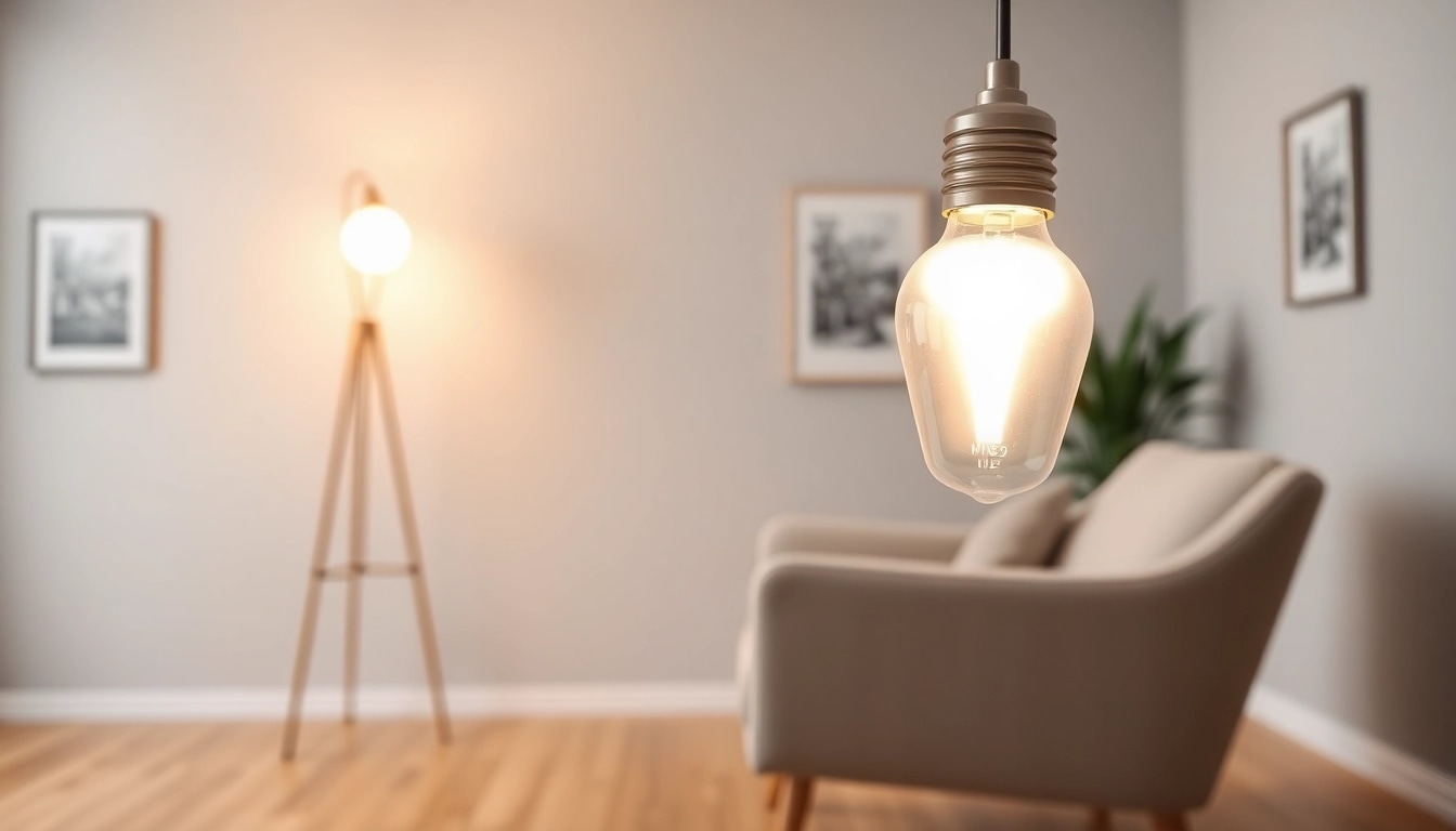 Brightly lit living area showcasing an a19 led bulb illuminating a stylish lamp.