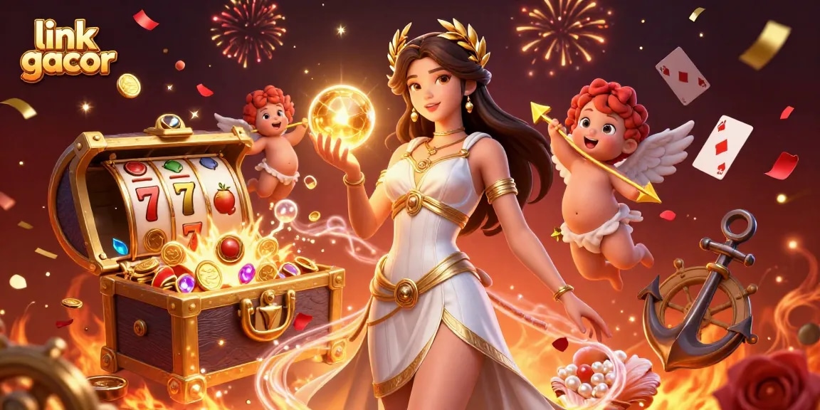 Play winning slots with link gacor featuring a goddess character and golden elements in a vibrant scene.