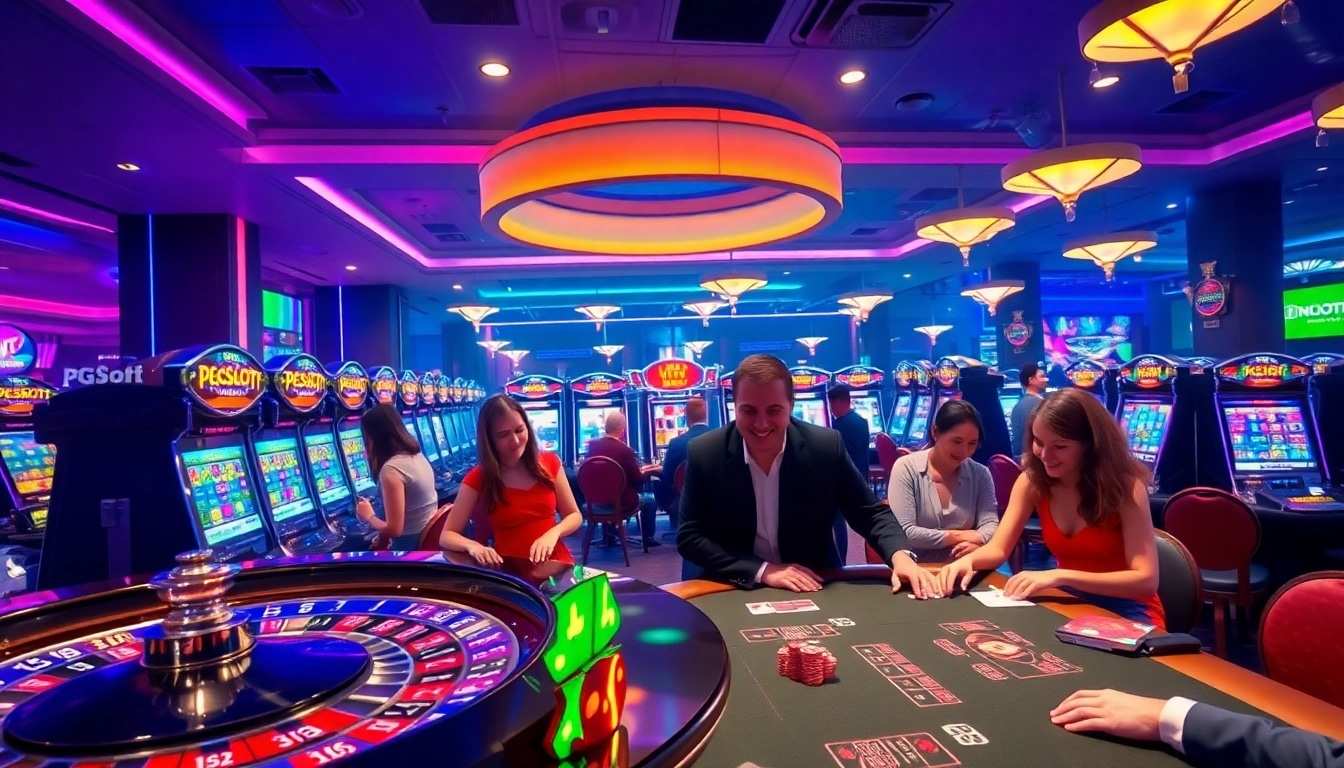 Experience the excitement of PGSoft PGSlot ทางเข้า at a luxurious casino with vibrant slot machines.