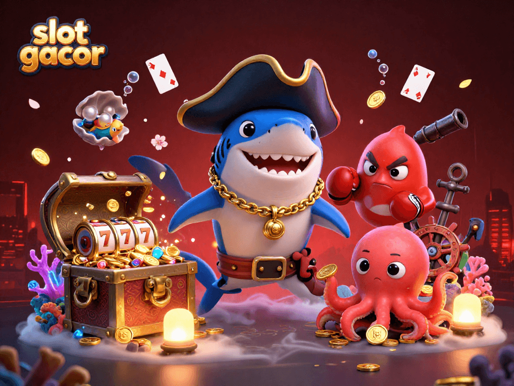 Bermain slot gacor di dunia bawah laut bersama hiu kartun kapten dan teman-temannya yang mengumpulkan koin emas.