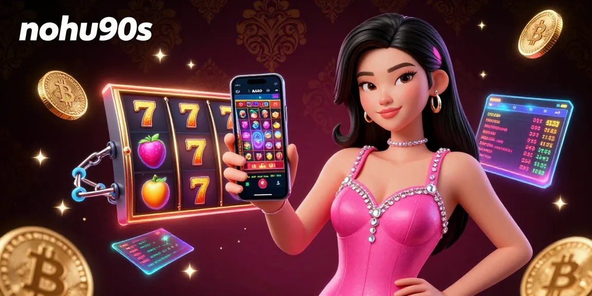 Nohu90s showcases vibrant casino energy with a stylish woman engaging in a live dealer game.