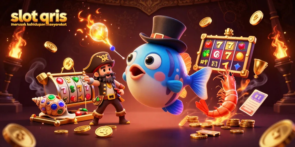 Engage with slot qris merusak kehidupan masyarakat through a vibrant 3D illustration of an anglerfish and pirate shrimp in a casino setting.