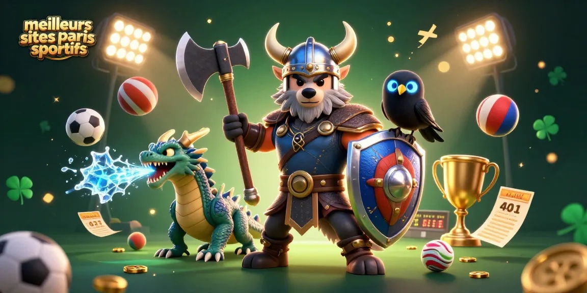 Meilleurs sites de paris sportifs : une illustration captivante des paris sportifs avec un guerrier viking et un dragon.