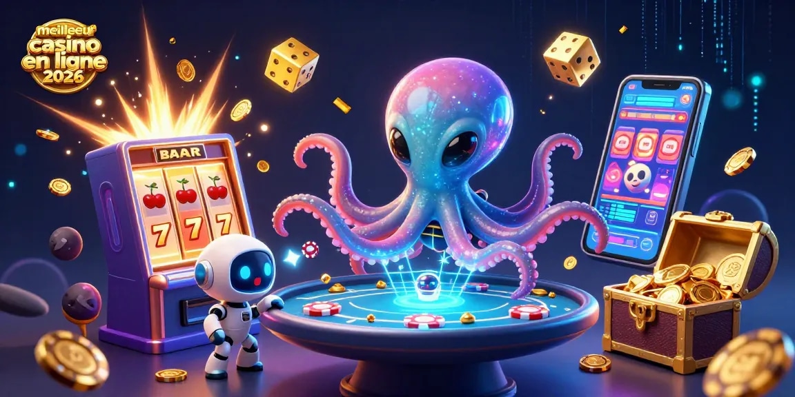 Illustration dynamique du meilleur casino en ligne 2026 avec un octopus extraterrestre et une table de poker holographique.