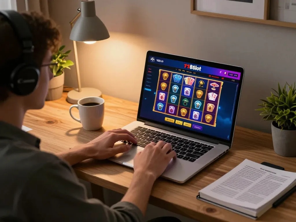 Engaged player using f168slot for online casino gaming with strategy notes and cozy atmosphere.
