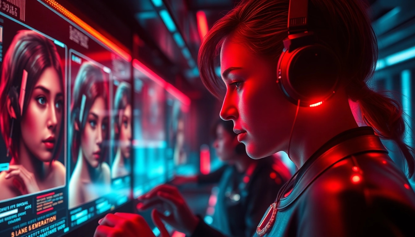 Experience NSFW AI's advanced features in a futuristic digital interface showcasing lifelike character images.