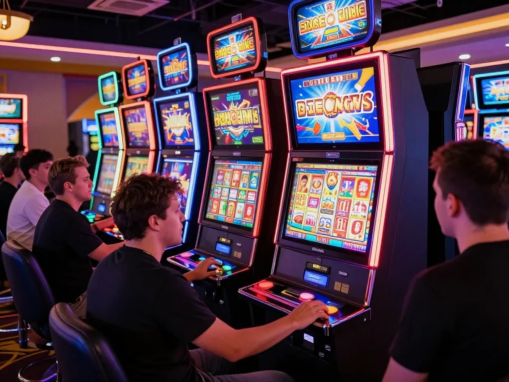 Players spinning vibrant slot machines with colorful displays in a lively casino setting.
