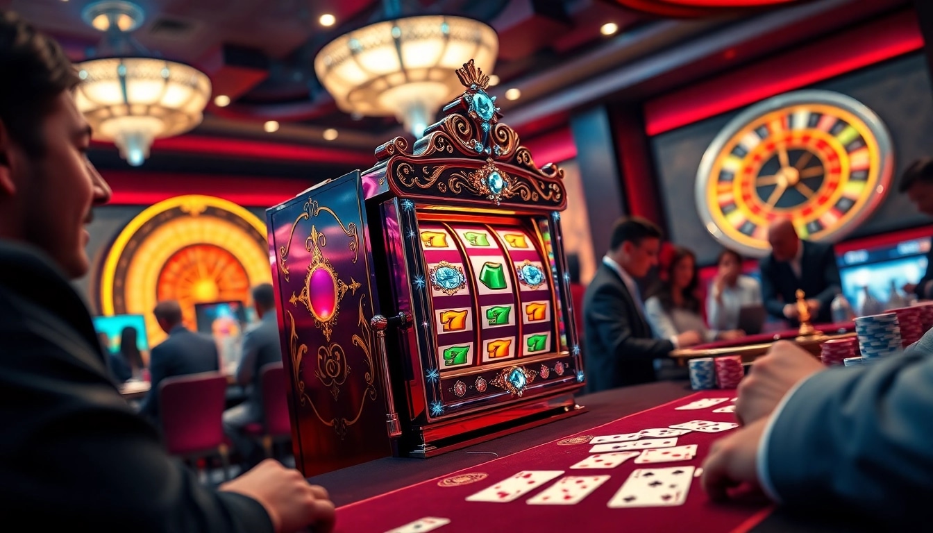 Experience the excitement of idn slot 777 with vibrant casino visuals of players interacting with slot machines.