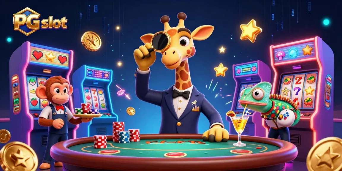 Engage in PG slot gaming excitement with a giraffe high-roller, monkey valet, and chameleon bartender.
