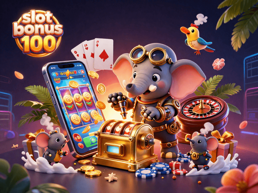 Spin the reels with excitement in this vibrant slot bonus 100 casino illustration full of action.