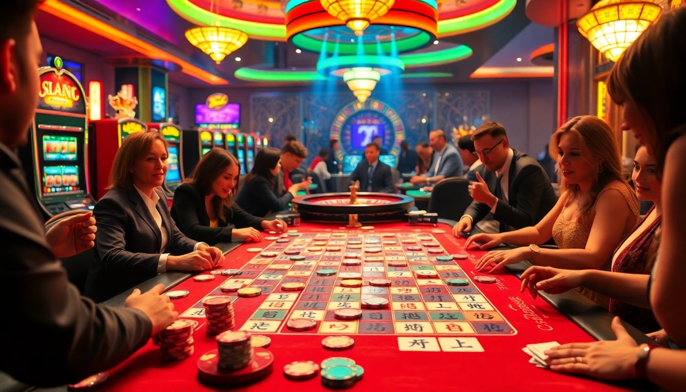 Link mahjong gaming table with vibrant tiles and excited players in a lively casino. Experience the thrill of connecting tiles for an exciting win!
