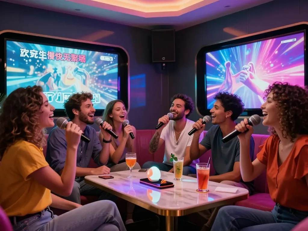 Group of friends singing in a luxurious karaoke room with cocktails and colorful lights at www.gangnamtune.com.