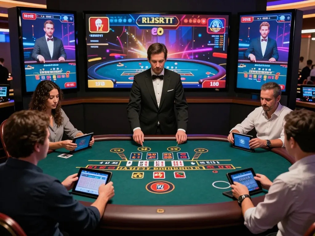 Exciting baccarat site scene with diverse players engaging with live dealer and interactive betting options.