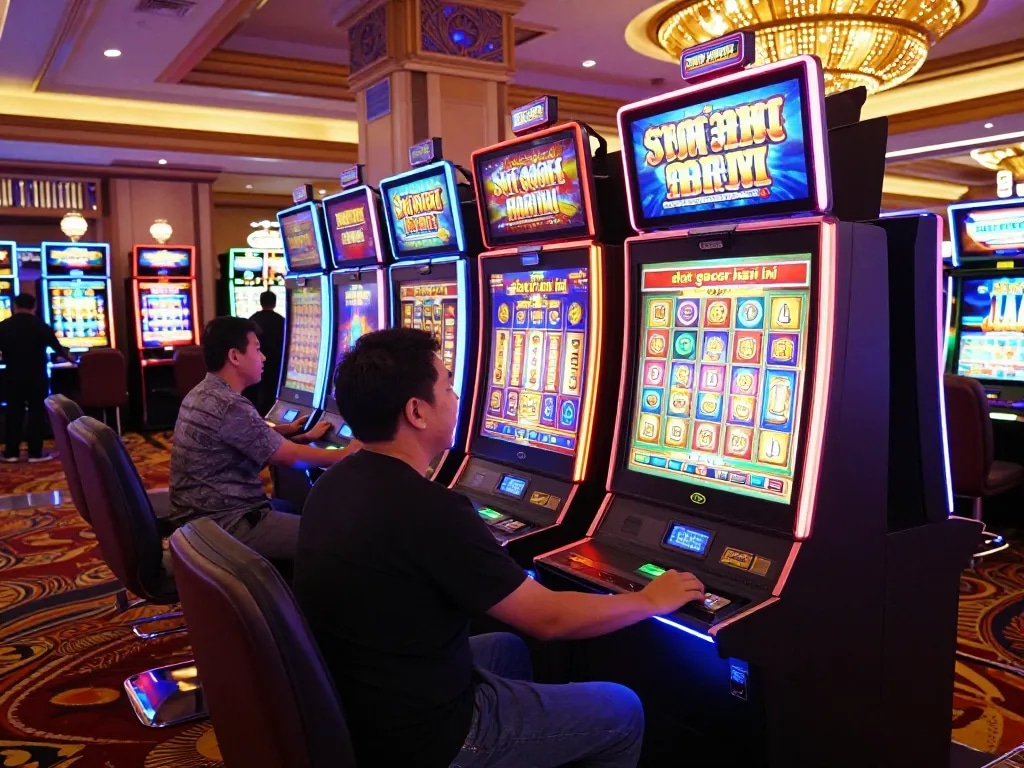 Player enjoying slot gacor hari ini at a vibrant casino filled with excitement and winning symbols.
