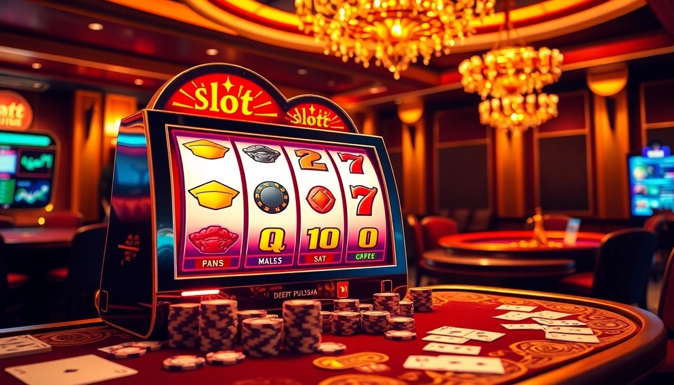 Permainan slot depo pulsa yang seru di kasino mewah dengan warna-warna cerah dan meja-meja yang elegan.