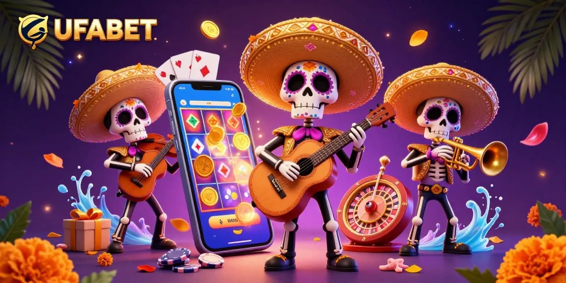 Experience thrilling games at UFABET with vibrant casino scenes featuring skeleton mariachi and exciting gambling elements.