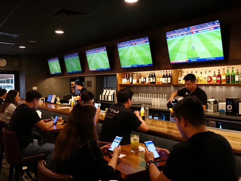 Watch Kết quả bóng đá live in a lively sports bar with multiple screens and betting apps.