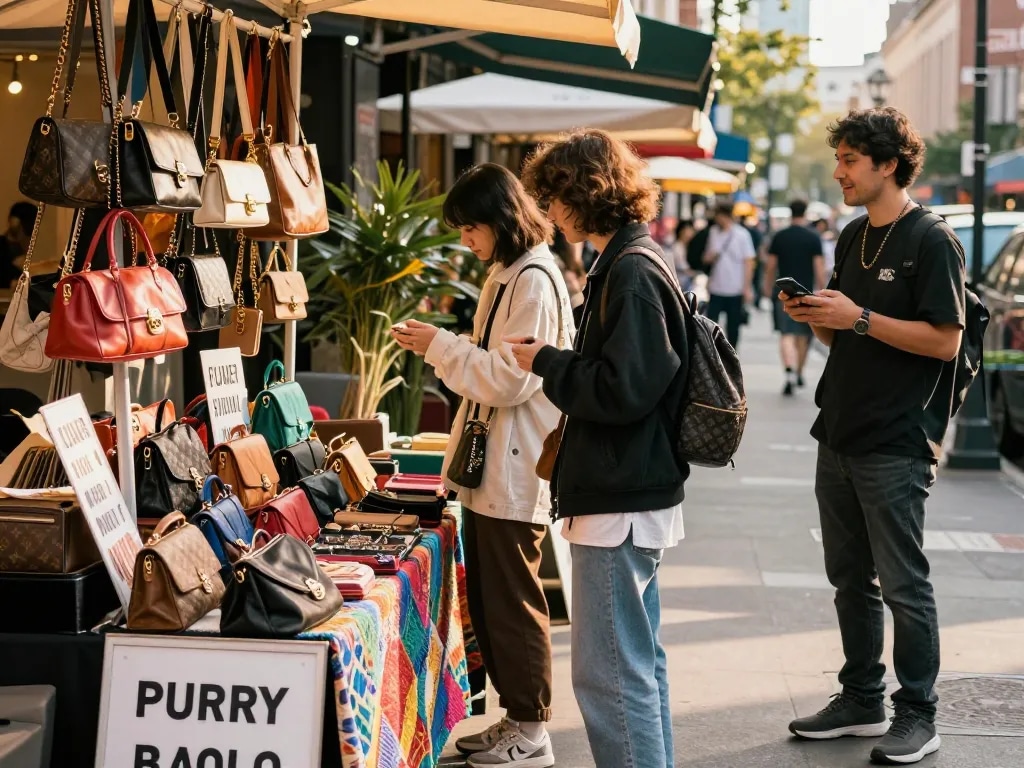 Vibrant urban shopping scene at a 레플리카 쇼핑몰 showcasing stylish replica handbags and accessories.