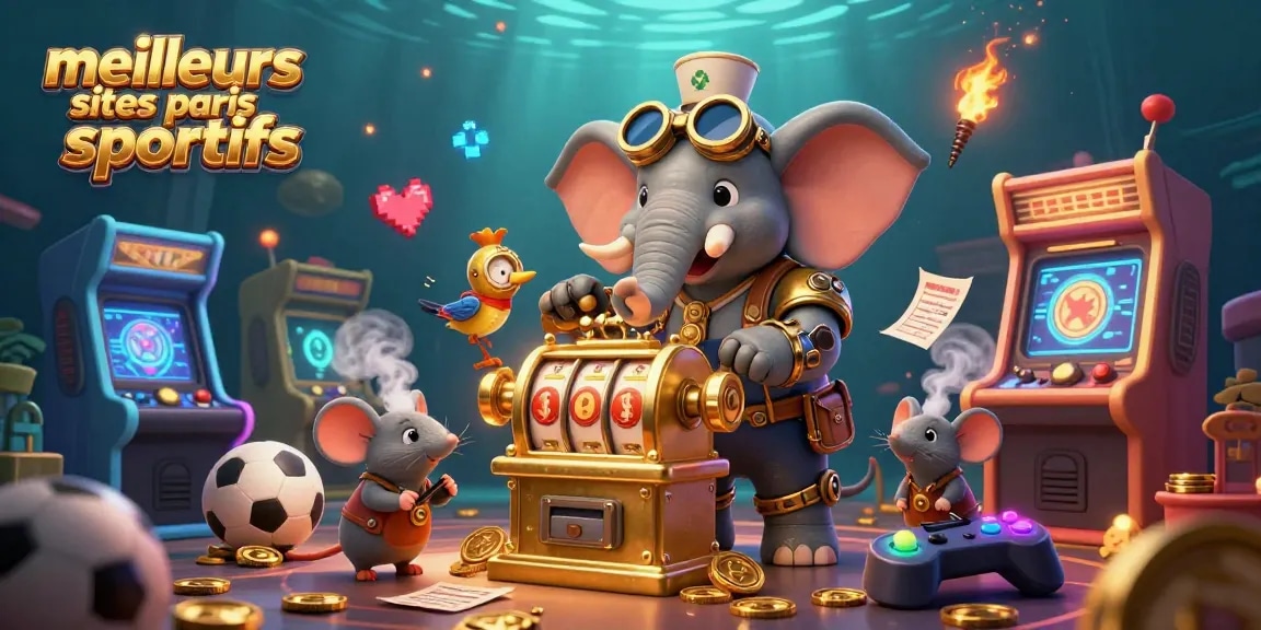Image illustrant les meilleurs sites paris sportifs avec un éléphant steampunk gagnant au casino, entouré d'éléments sportifs.