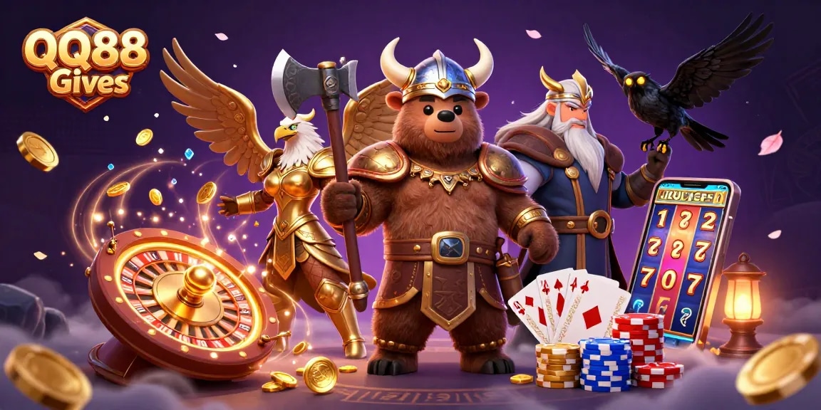QQ88 Gives enhances the thrill of gaming with a dynamic casino scene featuring vivid characters and vibrant elements.
