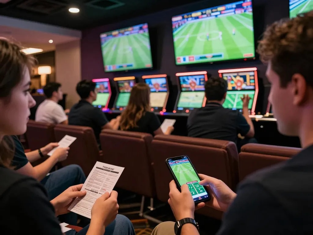Experience live sports betting excitement at 7M with patrons analyzing odds and placing bets.