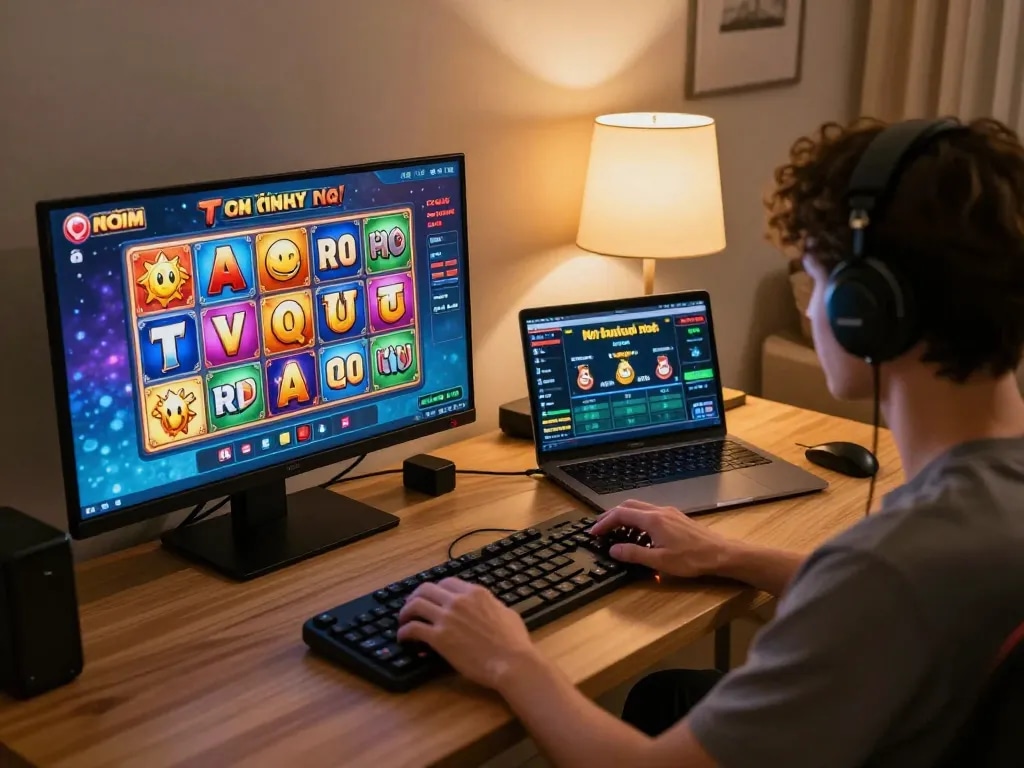 Player engaging in nổ hũ online slot game with vibrant screen in cozy home office