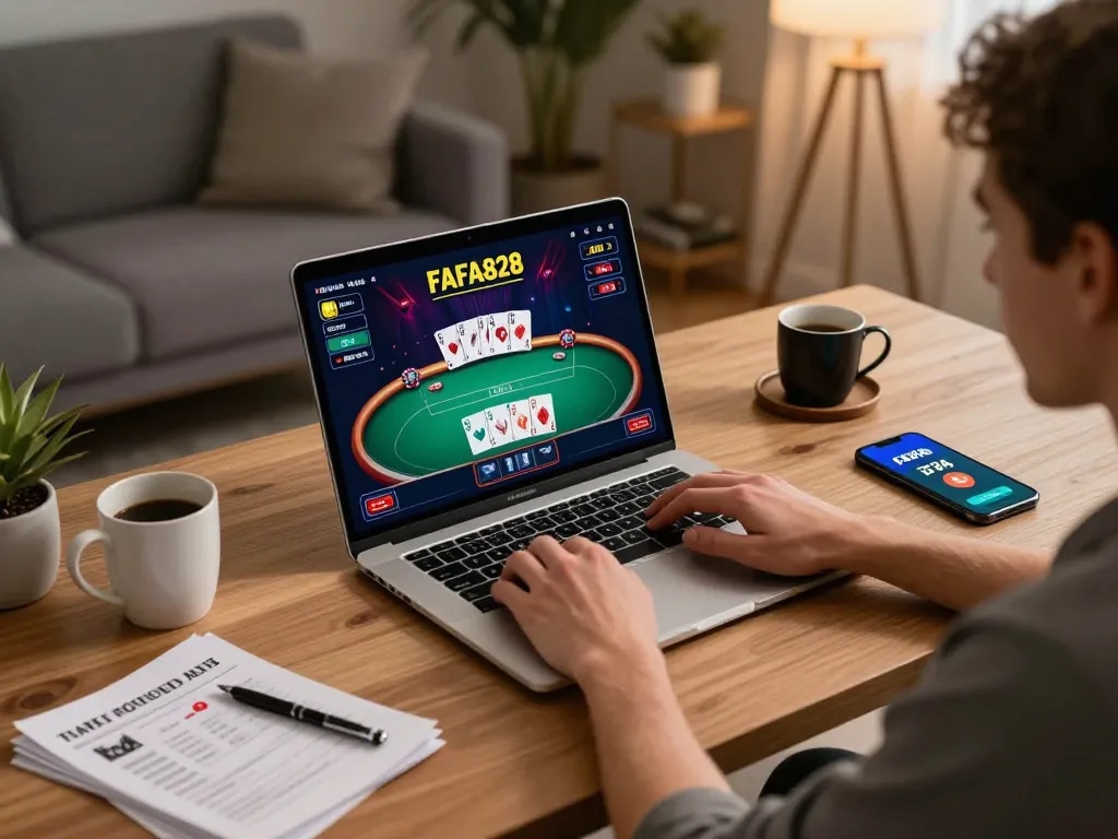 Person engaging in online gaming on FAFA828 laptop interface in a cozy home setting