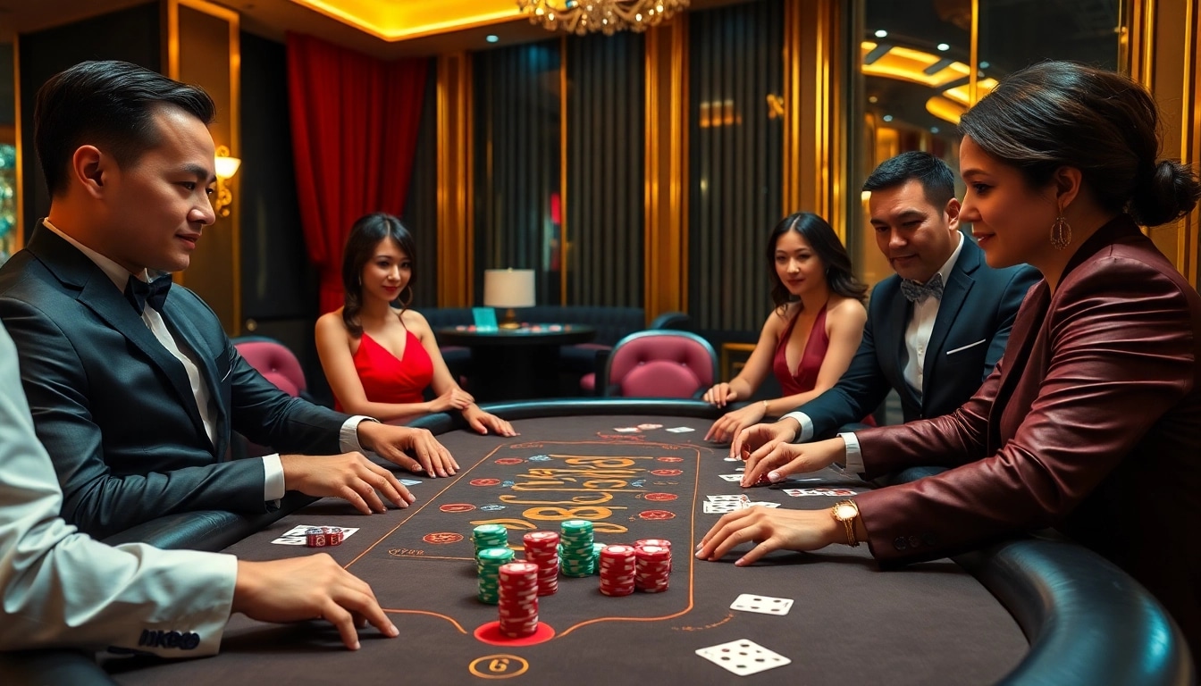 Players enjoying an NK88-themed poker game at a luxurious casino table, highlighting excitement and professionalism.
