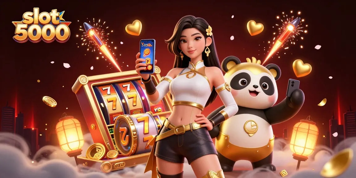 Engage with slot 5000 as the elegant Asian woman showcases a slot game on her smartphone, beside a joyful golden panda.