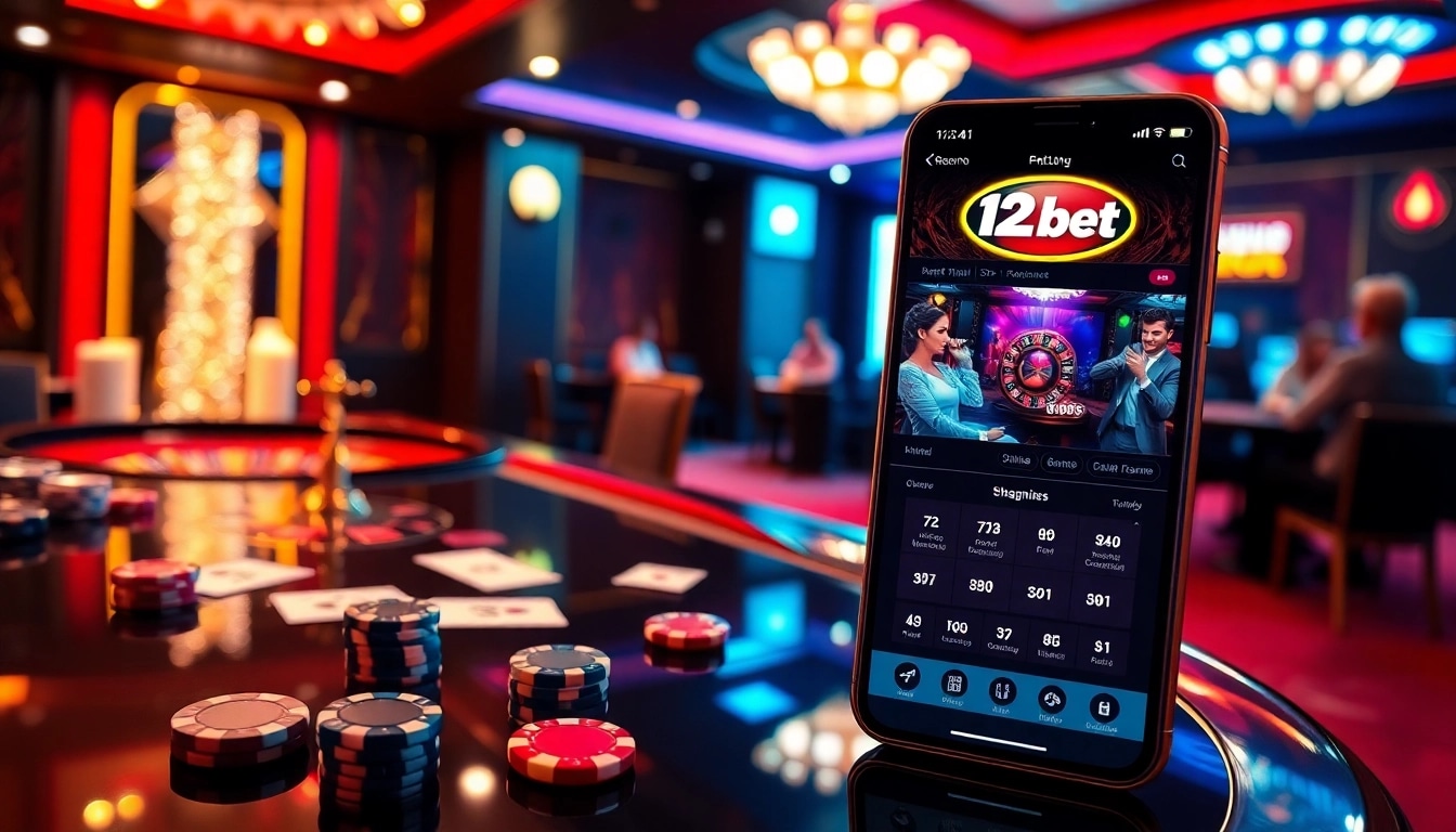 Experience high-stakes action with 12bet's online interface amidst vibrant casino visuals.