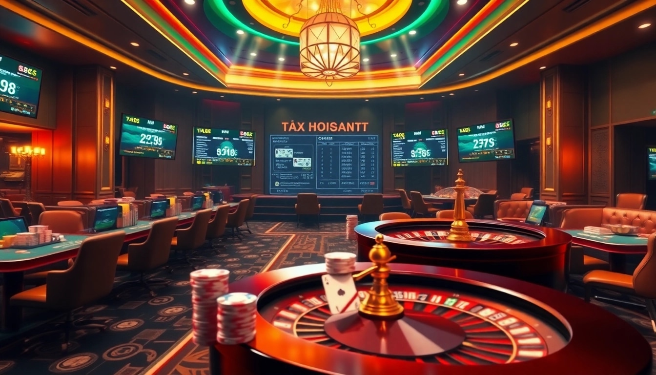 Experience the excitement of gambling at tại ta88 with vibrant casino visuals showcasing poker chips and roulette wheels.