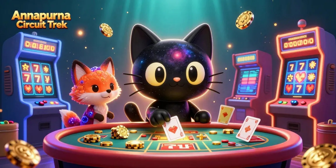 Annapurna Circuit Trek illustrated scene showcasing a black hole cat at a cosmic casino table surrounded by slot reels and a nebula fox, symbolizing playful gambling.