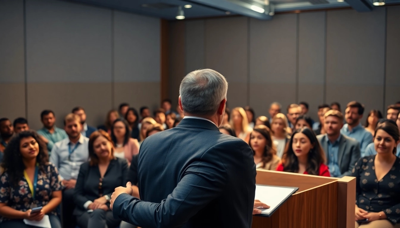 Overcoming Fear of Public Speaking showcased with a confident speaker engaging an attentive audience.
