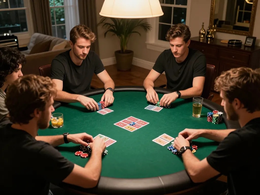 Engaging in a poker game with friends at home, showcasing casino online stranieri sicuri atmosphere