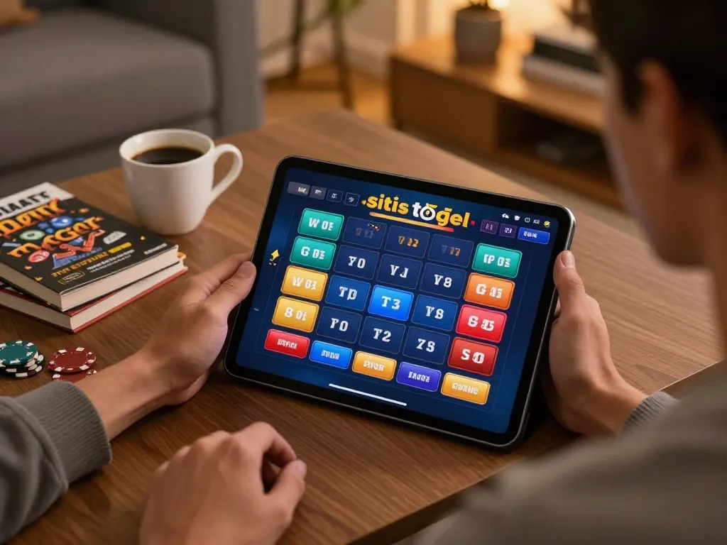 Permainan situs togel ditampilkan di tablet, menunjukkan antarmuka taruhan berwarna-warni dengan pengaturan kopi.