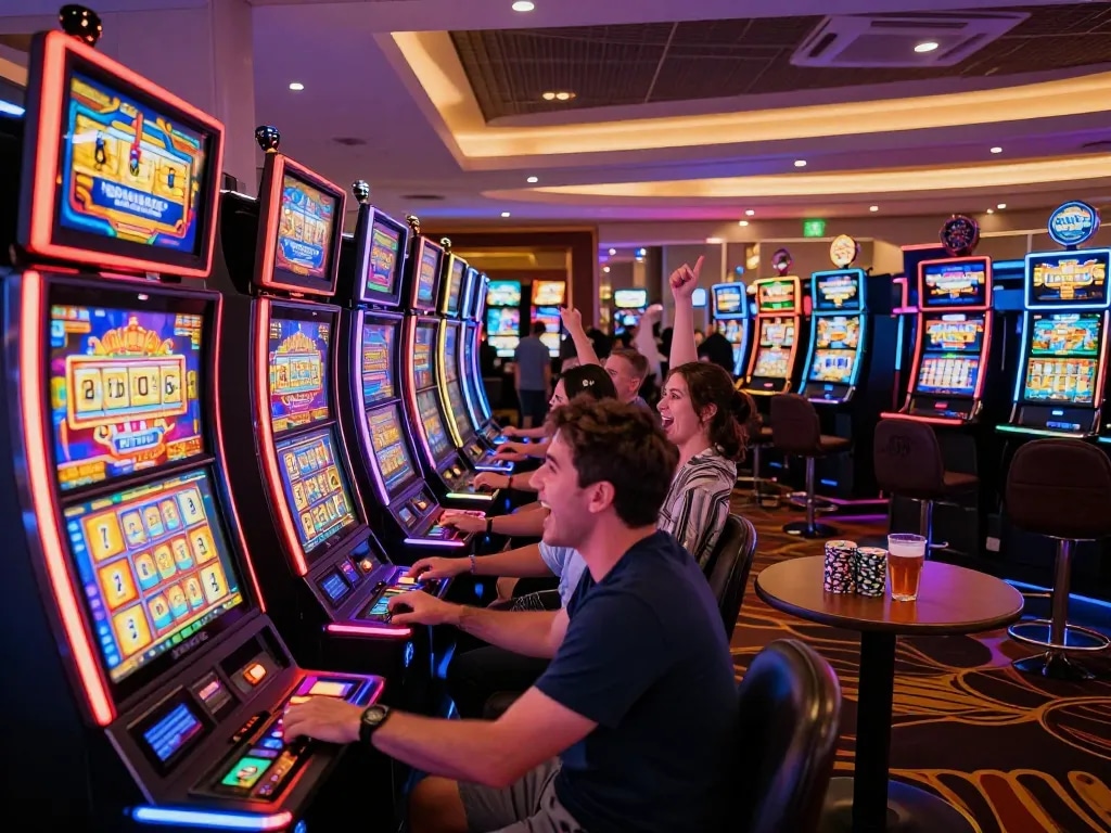 Players enjoying the excitement of slot machines with vibrant lights and dynamic gameplay