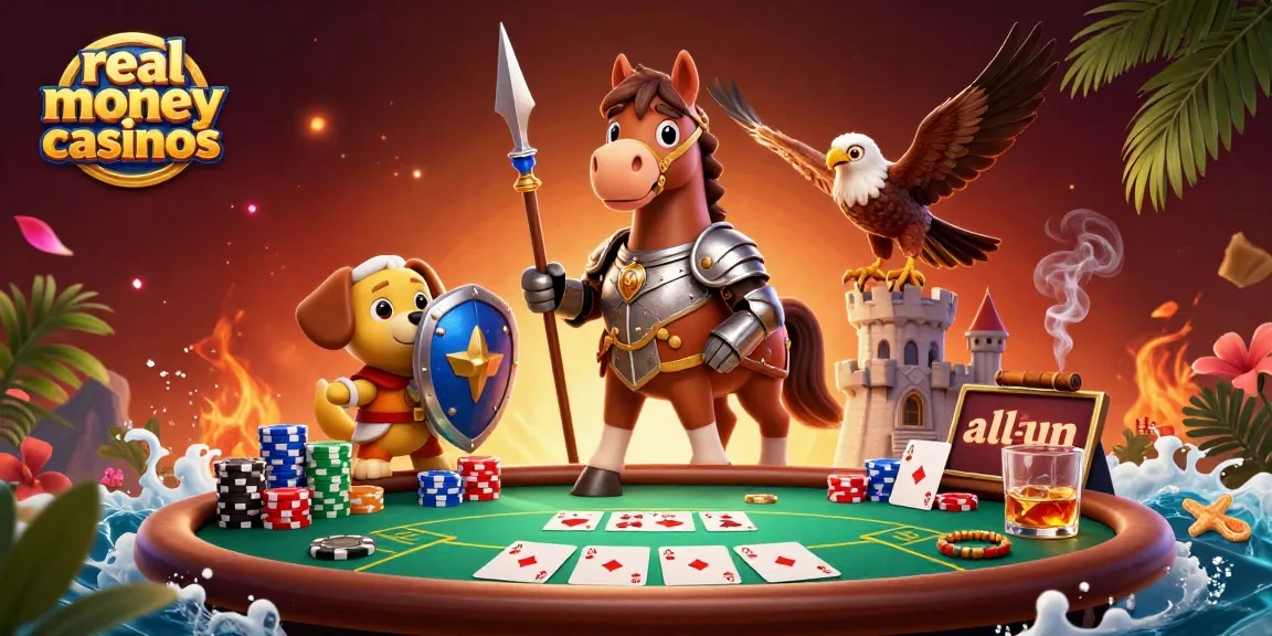 Experience the excitement of real money casinos with a knight, puppy, and falcon in vibrant casino elements.
