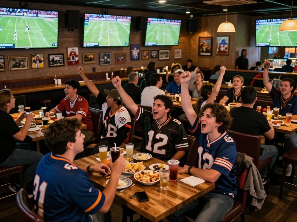Cakhia TV football fans celebrating the game atmosphere in a lively sports bar.