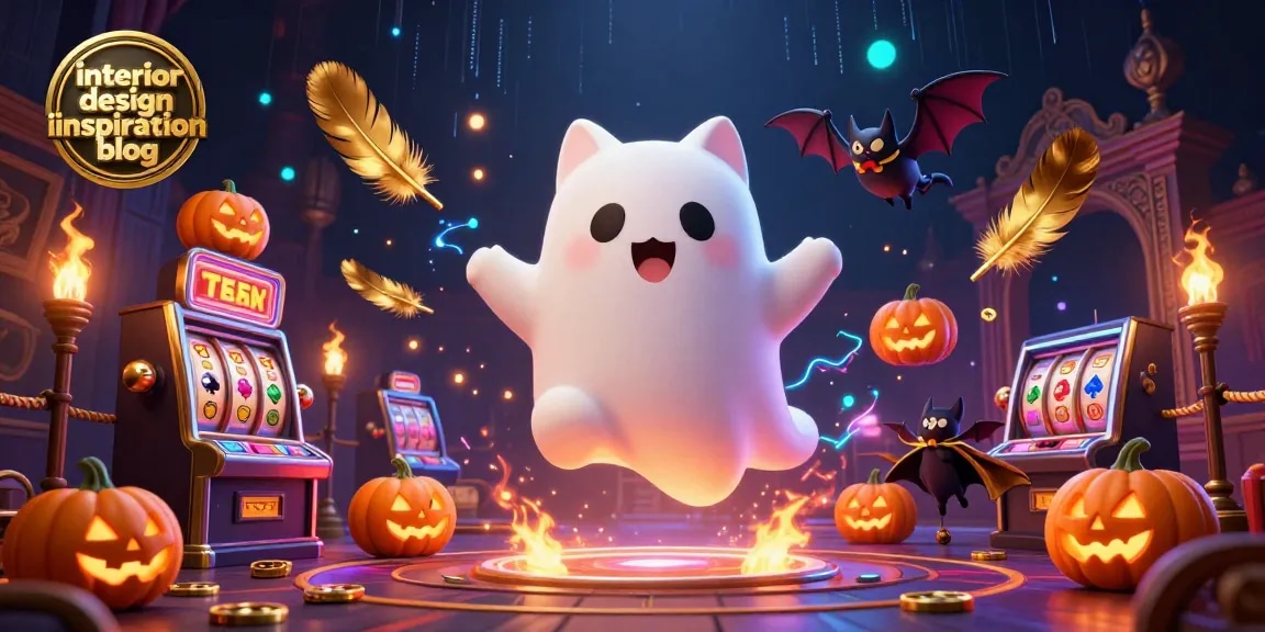 The interior design inspiration blog illustrates a casino scene with a ghost cat and slot machines.