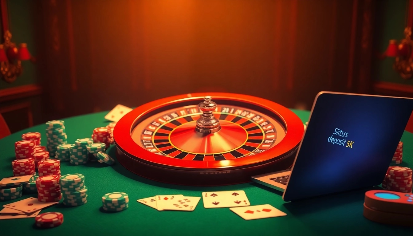 Experience the excitement of situs deposit 5k as players engage with a vibrant casino scene showcasing roulette and cards.