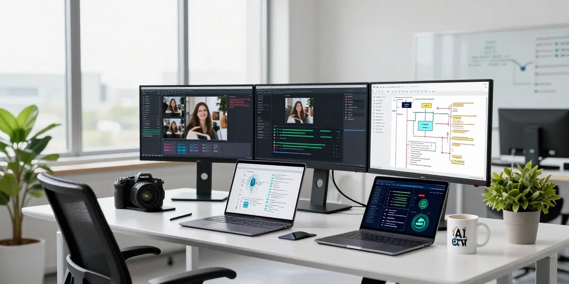 Detect AI image in high-tech office focusing on AI content moderation.