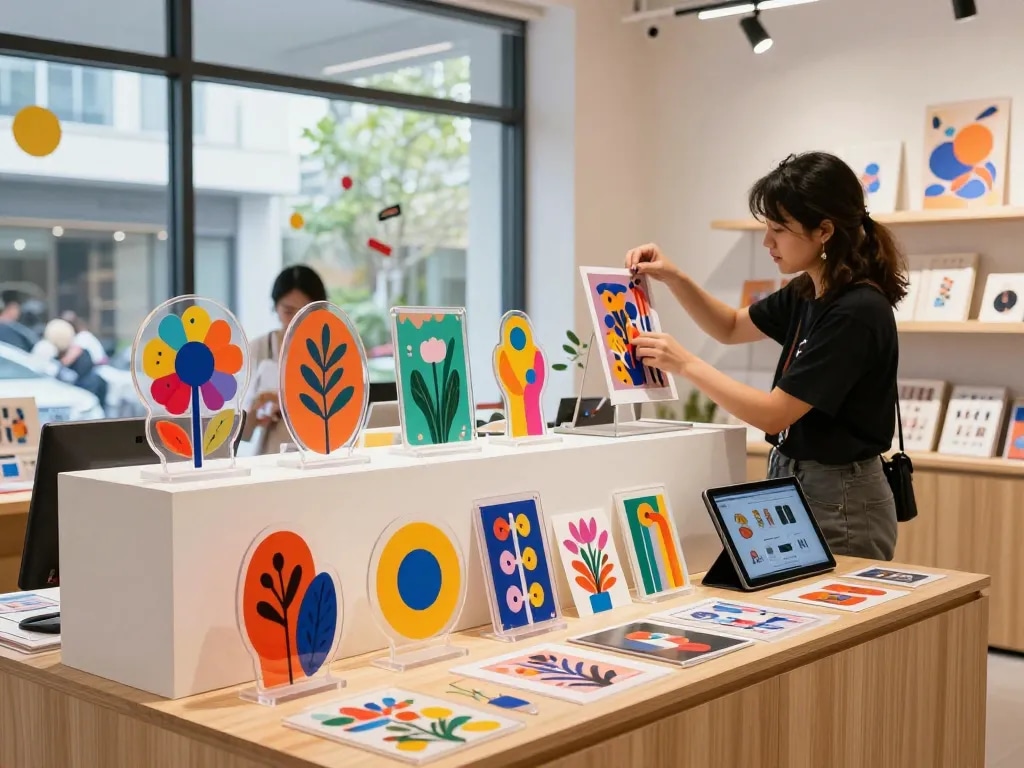 Custom acrylic standee display in a vibrant retail setting showcasing design creativity.