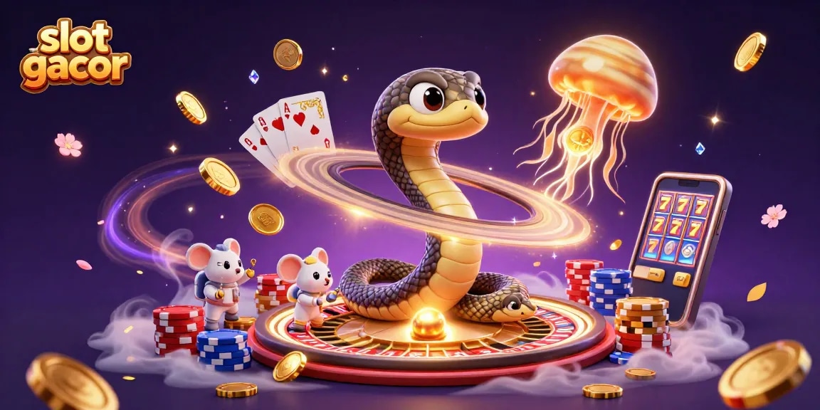 Slot gacor: Ilustrasi 3D kasino menggambarkan keseruan taruhan dengan elemen permainan yang menarik.